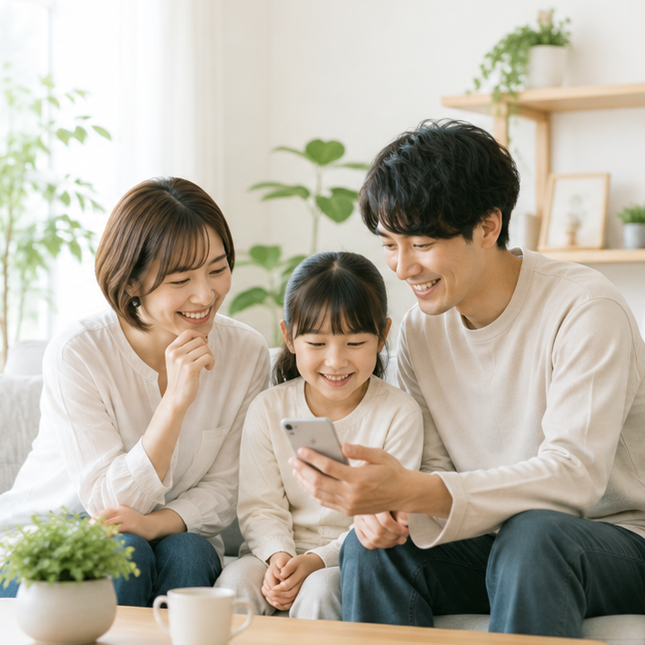 家族でスマートフォンを見ながら暮らしのサービスを比較している様子